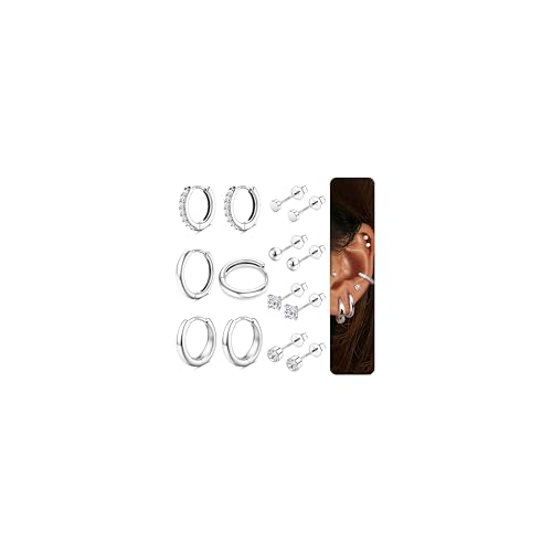Finrezio 7 Pares Pendientes Mujer Plata de Ley 925, Piercing Oreja Chapada Oro 14K Pendientes Aro Mujer, Hipoalergénico Cartílago Pendientes Pequeños Plata para Múltiples Piercings
