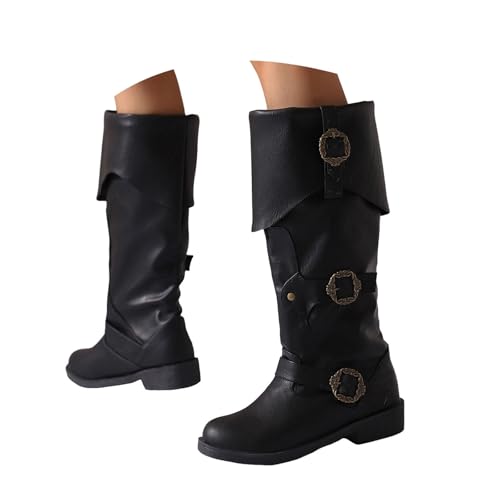 Halloween Boots for Women, Women's Vintage Mid Calf Boots Medieval Cosplay Boots Fall Winter Leather Cowboy Boots