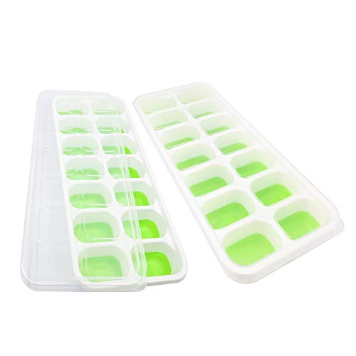 DOQAUS Ice Cube Trays 2 Pack, Easy-Release Silicone and Flexible 14-Ice Cube Trays with Spill-Resistant Removable Lid, LFGB Certified and BPA Free, for Cocktail, Beer, Stackable Flexible Ice Molds