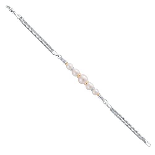 Gem Stone King 925 Sterling Silver and 10K Yellow Gold Cultured Freshwater Pearl and White Lab Grown Diamond Bracelet for Women (Round 5.5mm-7.5mm Pearls, 6.5/7/7.5 Inches, Made in Italy)3