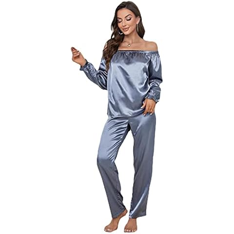 LfdecorPajamas Women's Autumn and Winter Silk Solid Color Long-Sleeved Homewear Suit-Blue,L Cover