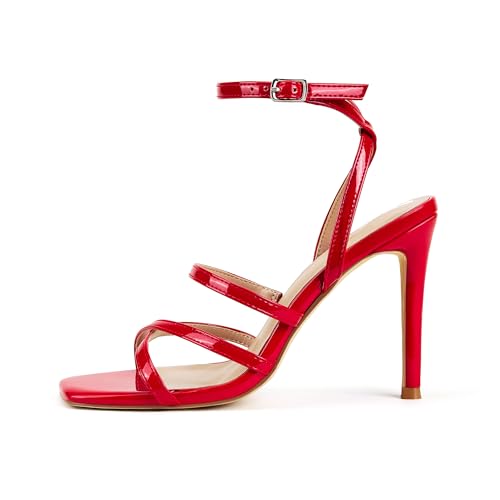 Image of Elisabet Tang Women's Crystal Stilettos Heeled Sandals, 4 Inch Square Open Toe Strappy Sexy High Heels Ankle Strap Buckle Heels for Party Wedding Dress Daily Wear Shoes