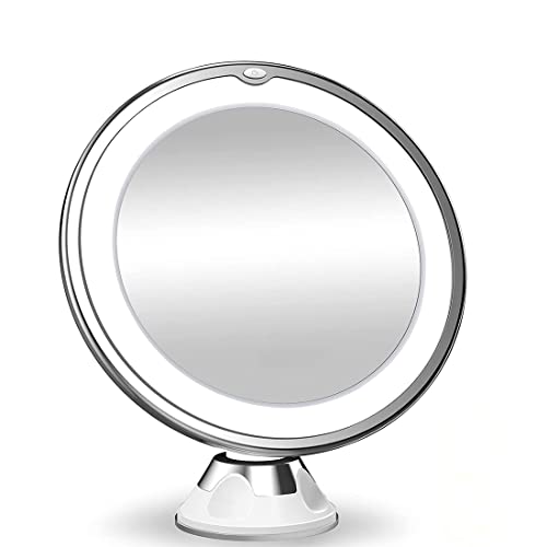 Espejo Redondo con Aumento 10X, Giratorio y Ventosa de Pared - Espejo baño con luz LED para tocador de Maquillaje