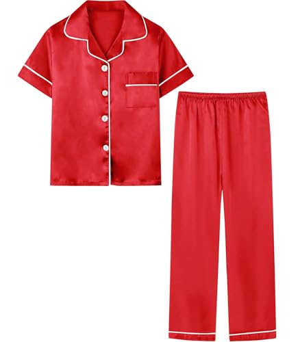Umeyda Girls Pajamas, Satin Pjs Silk Sleepwear Comfy Family Matching 2Pcs Lightweight Loungewear Gift for Teen Kids, Red, 10-11 Years = Tag 150