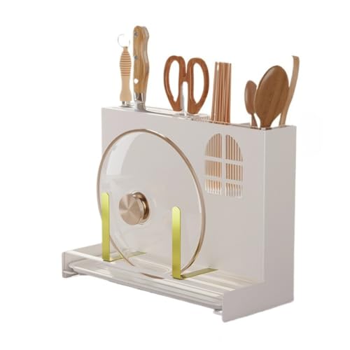 TIKHJ まな板スタンド 包丁立て お箸立て 包丁スタンド キッチン収納 包丁ホルダー 多機能キッチン用収納ラック おしゃれ まな板立て 水切りトレイ付 大容量 箸立て 通気性 防錆 (ホワイト)
