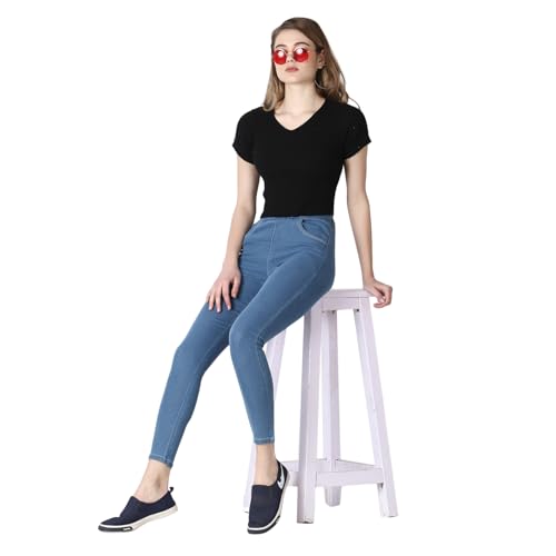 Image of 4Flies Women's Denim Lycra Jeggings - Stretchable Slim Fit Ankle-Length Pants for Casual, Office & Travel Wear - Stylish & Comfortable