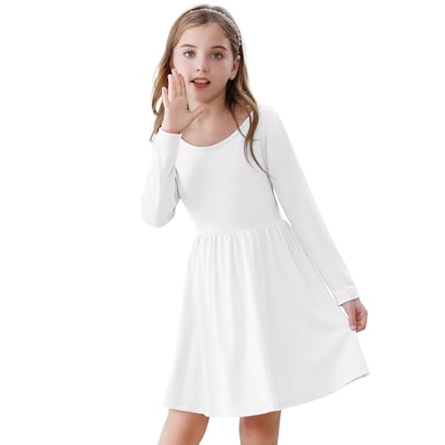 Zando Girls' Long Sleeve A-line Swing Dress - Solid Color High Waist Fall Winter Dress for Girls 4-12 Years