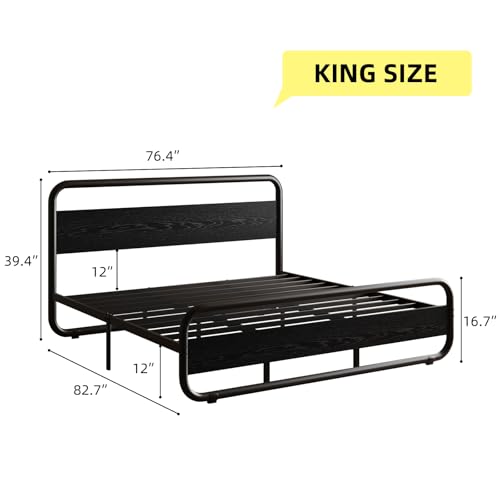 Image of King Size Bed Frame, Wood Headboard and Footboard, LED Lights, Black