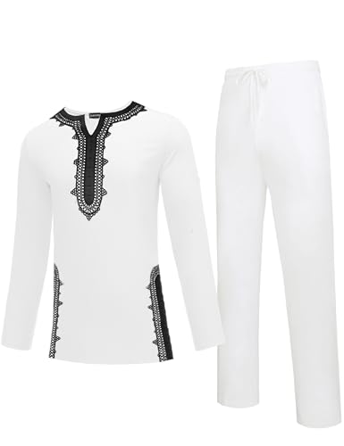 Daupanzees Men's African 2 Piece Set Traditional Dashiki Suit Lace Embroidered Pullover Shirt and Solid Pants Outfit2