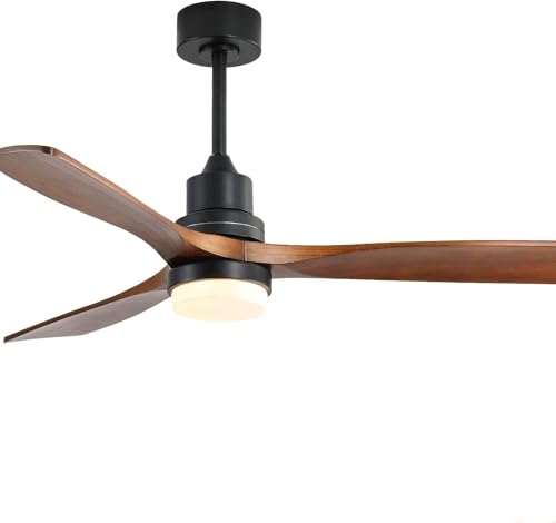 Pangshiyuan Ventilador de techo de 132 cm con luz LED, 3 aspas de madera, motor DC silencioso, 6 niveles, marcha atrás, mando a distancia, para salón, dormitorio, balcón, color negro nogal