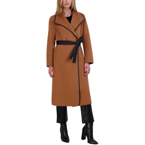 TAHARI Women's Double-Faced Luxury Soft Wool Blend Long Line Wrap Coat, Pu Binding Trim, Removable Belt