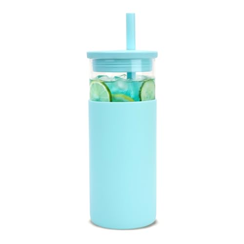 Tronco 20 oz Glass Tumbler with Lids and Straws, Reusable Iced Coffee Cups with Silicone Lid & Protective Sleeve, Dishwasher Safe, BPA-Free Borosilicate Glass for Coffee, Iced Tea, Water & S