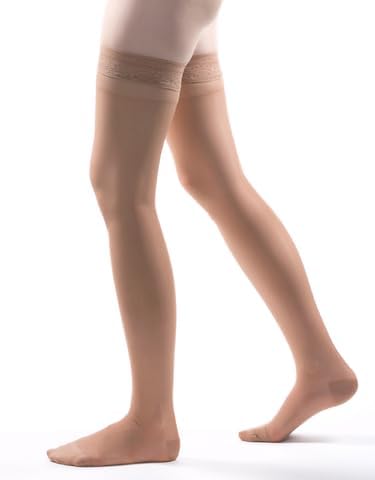 Image of Allegro Women's Thigh High Compression Stockings 15-20 mmHg Support Hose | Lightweight sheer fabric, lace-silicone stay-up band, reciprocated heel and balloon toe for secure hold and everyday comfort