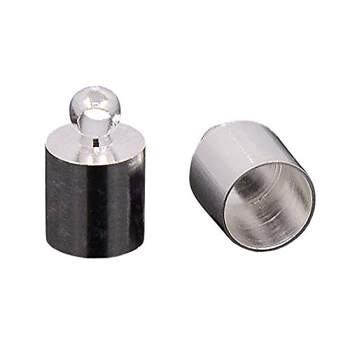 Pandahall 50pcs Silver Tone Brass Necklace Cord Crimp Barrel End Caps Leather Cord Finding Terminators with Loop for Jewelry Making DIY Crafts 10x6x5.5mm Hole: 1.2mm