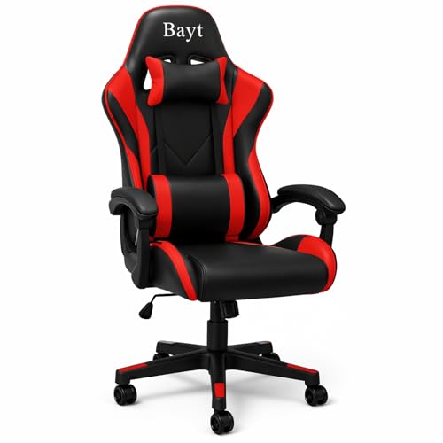 Bayt Silla de Escritorio & Silla Gaming Ergonómica - Gaming Chair para Oficina, Sillón Gamer Reclinable, Diseño Deportivo en Cuero Sintético, Negro y Rojo