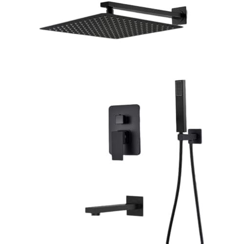 Système de douche dissimulée noir mat avec ensemble de pluie et cascade à 3 voies