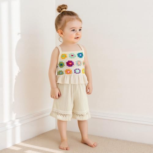 Toddler Baby Girl Crochet Outfit Floral Crocheted Camisole Top Linen Tassel Shorts Bohemian Beach Clothes for Girls2