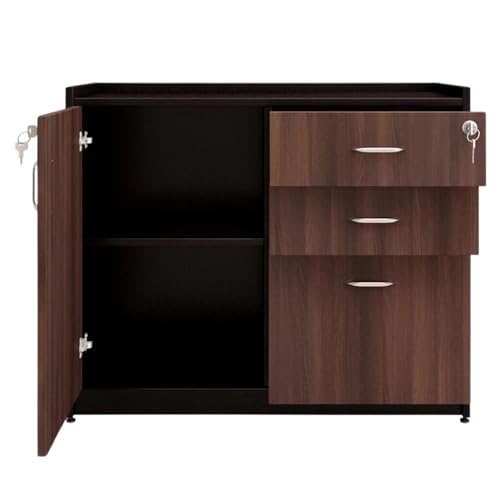 Image of Lakdi The Furniture Co-Director and Executive L Shape Table Made in Pre-Laminated Particle Board with Side Unit Drawers and Openable Shutter Wooden Office Table Finish-Brown Color- (LDL-561)