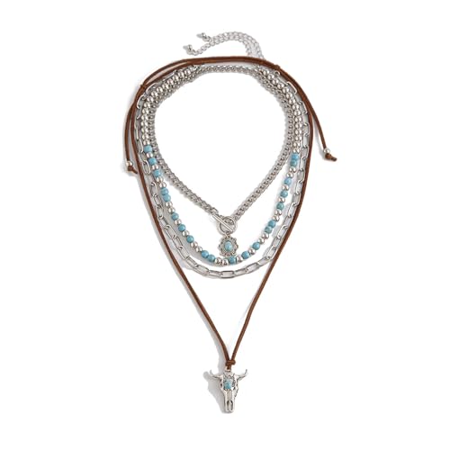 Layered Western Necklaces for Women Cactus Bull Head Cowgirl Hat Boots Beaded Turquoise Necklace Turquoise Jewelry Vintage Silver Western Jewelry for Women Cowgirl Accessories
