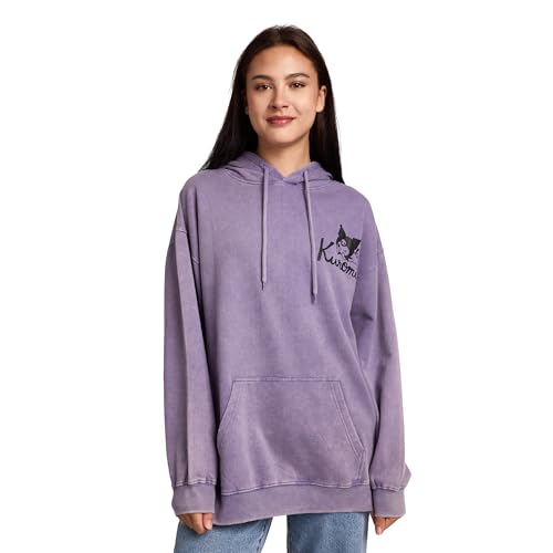 Bioworld Kuromi & Baku Womens Purple Mineral Wash Long Sleeve Fleece Hooded Sweatshirt-Medium