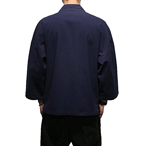 Image of Mens Kimono Cardigan Cotton Linen Japanese Shirt 3 /4 Sleeve Haori Yukata | Skin-Friendly Solid Color Lightweight Shawl Collar Kimono Robe Embroidery Button Tie Pockets Happi Coat All Season Daily Wear