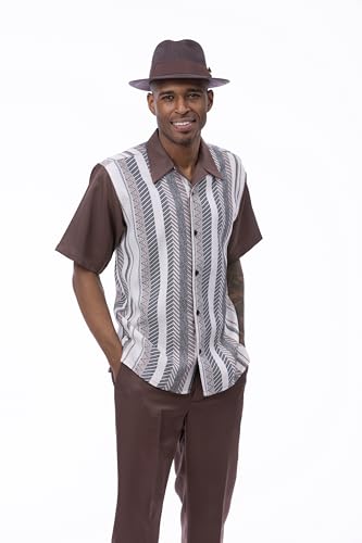 MONTIQUE Walking Suit For Men 2 Piece Set - Short Sleeve Shirt and Long Pants, Solid Colors - 2517