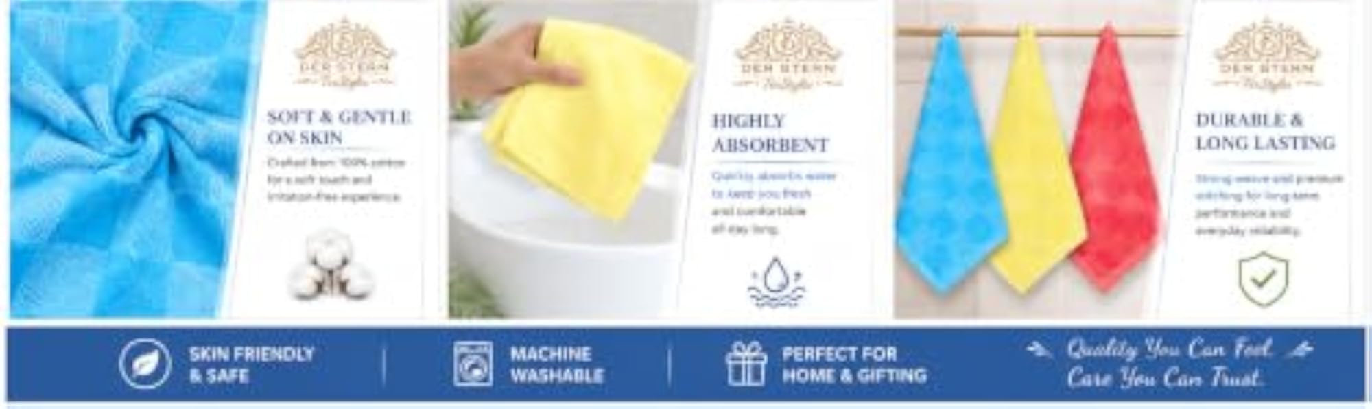 Set of 6 Premium Checkered Face Towels, 100% Cotton