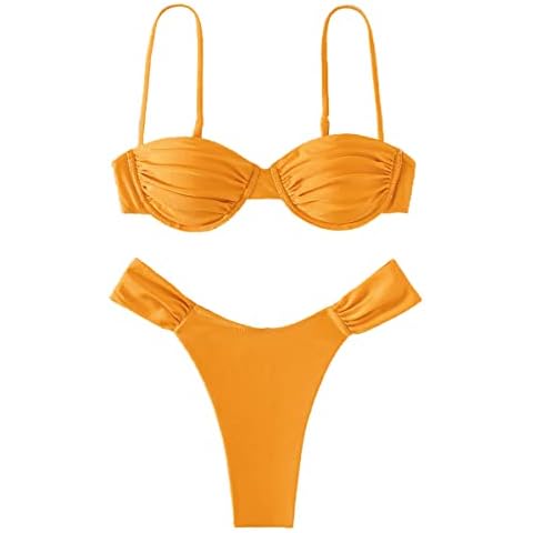 YIMISAN Women Two Piece Swimsuit Sexy Swimwear Ruched Strappy Push up Triangle Tops Thong Bikini Swimsuit, Yellow, Large Cover