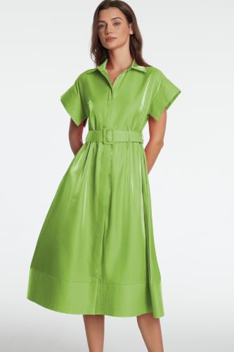 Image of Ladyful Women Casual Button Down Shirt Dress Short Wing Sleeve Buiness Midi Shirt Dress with Belt Elegant Dress