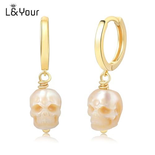 Gothic Skull Pearl Huggie Earrings - 14K Gold Plated Hand-Carved Pearls Statement Minimalist Punk Fashion Skull Jewelry for Women, men4