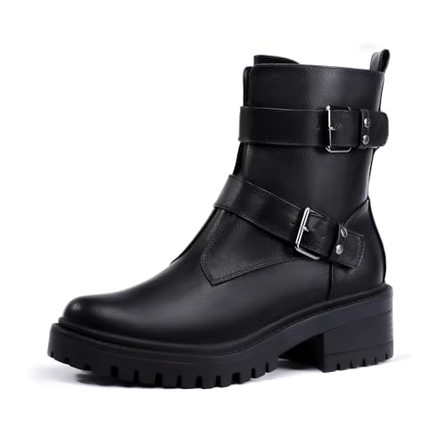 IDIFU Black Biker Boots Combat Motorcycle Moto Women's Ankle Boots ...