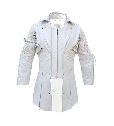 Black Korel Mens White Leather Trench Coat - Premium Cowhide Matrix Style Jacket, Slim Fit Long Coat, Classic Bold Design