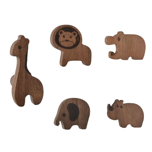 MOROBOR 5pcs Wild Animal Handles, Walnut Wood Lion Elephant Giraffe Hippopotamus Rhinoceros Shape Handles for Children's Room Decoration Cabinet Knobs
