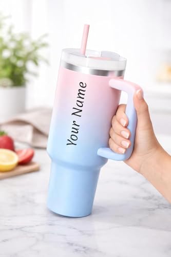 Image of Zephorus Personalized Stainless Steel Tumbler with Handle, 1200ml Capacity, Black Insulated Travel Mug with Straw, Custom Name Design (Custom Candy 2nd+ Modern Girl)