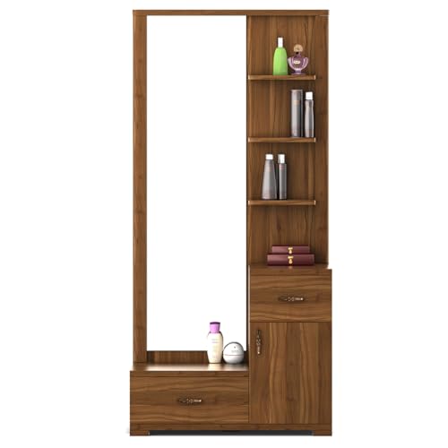Image of Spacewood Dressing Table | Harmony | 3 Year Warranty | 3 Shelves & 2 Drawer, 1 Shutter Storage, Vanity Table for Bedroom, Living Room, and Home| Engineered Wood | Natural Teak