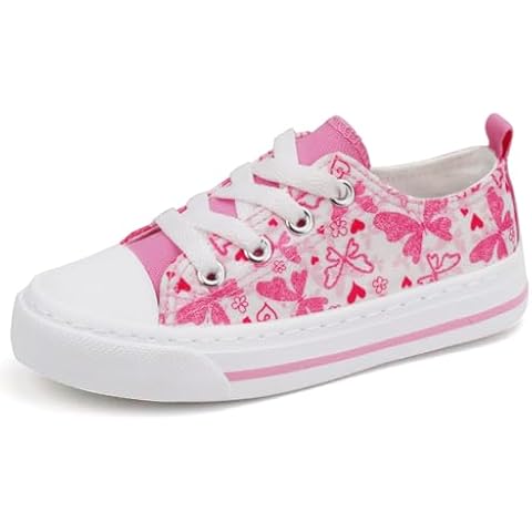 Toandon Toddler Girls Kids Sneakers Walking Shoes Lace Up Lightweight Low Top Adorable Sparkle Printed Butterfly Non-Slip Outdoor Pink Size 11 Cover