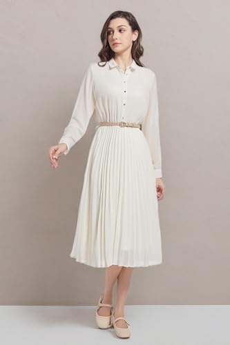 Image of Business Casual Shirt Dress for Women Long Sleeves Pleated Midi Dresses with Belt