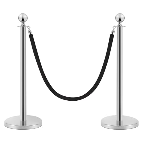 PINNERS Postes Separadores de Acero Inoxidable 2 Piezas, 90 cm de Altura, Plateados con Cuerda de Terciopelo Negro de 1,5 m, Conexión de 4 Vías, Base de 31 cm de Diámetro, Control de Multitudes