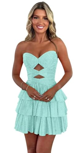 Yuxin Sparkly Tiered Sequin Homecoming Dresses Short for Teens A Line Mini Cocktail Party Gowns