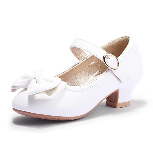 PANDANINJIA Girls Dress Shoes Toddler Heels Ruby Bow Mary Jane Low Heels Flower Girl Party Pumps Wedding Princess Shoes for Toddler/Little Kid/Big Kid (White Pu 13 M US Little Kid)