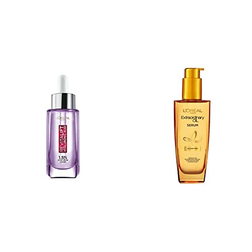 L’OREAL PARIS Revitalift 1.5% Hyaluronic Acid Face Serum, 15ml and Extraordinary Oil Hair Serum for Unisex, 100ml