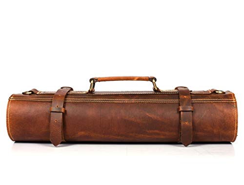 80% Off Discount Leather Knife Roll Storage Bag, Elastic and Expandable 10 Pockets, Adjustable/Detachable Shoulder Strap, Travel-Friendly Chef Knife Case (Leather - Light Brown)