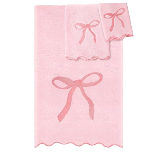 Fanfanwin 3 Pcs Pink Bow Bathroom Towel Set Scalloped Fingertip Towels Decorative Coquette Towel Set Embroidery 100% Cotton Bath Hand Towels Absorbent Soft Preppy Bath Decor for Kitchen Bathroom