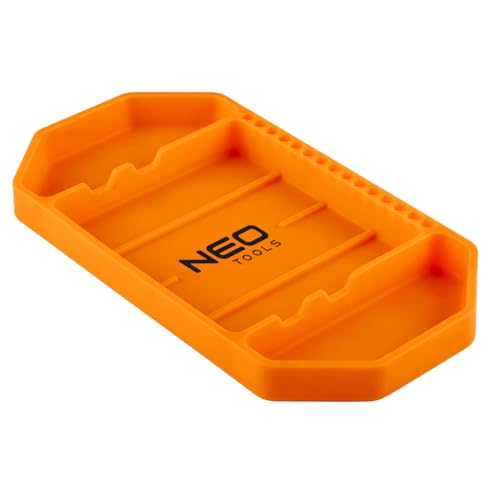 NEO TOOLS Werkzeugablage, Silikon, 27,5 x 14,5 x 2,5 cm; 3 Fächer, 15 Bit-Halterungen, rutschfest, leicht, Schutz für Werkzeuge und Werkstattausrüstung, flexibel
