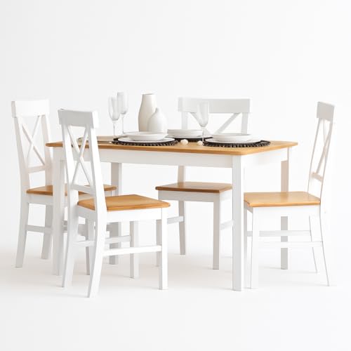 Lista de Comedor Cuatro Sillas Top 10. 42 MRK HOME | Mesa De Comedor Blanco con 4 Sillas, Madera De Pino, Resistente, Interiores Y Exteriores