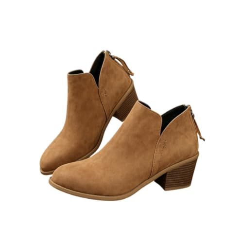 Women's V-Cut Ankle Boots with Back Zipper Vintage Western Pointed Toe Chunky Stacked Low Heel Ankle Shoes for Fall Winter [���s�A��