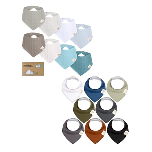 KeaBabies 8-Pack Muslin Baby Bibs for Boys, Girls and 8-Pack Baby Bandana Bibs - Muslin Bandana Scarf for Kids, Infant, Boys & Girls - Stylish Unisex Kids Scarf for Drooling & Teething