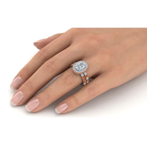 Image of Choose Your Gemstone Oval Halo Rollover Diamond CZ Wedding Ring Yellow Gold Plated Oval Shape Wedding Ring Sets Matching Jewelry Wedding Jewelry Easy to Wear Gifts US Size 4 to 12