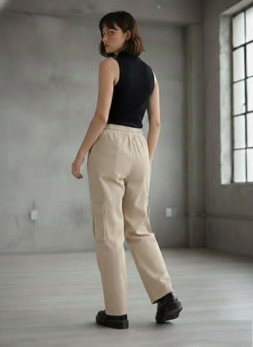 Image of SMOWKLY Women's Casual Cargo Pant| Baggy Fit Multi Pocket Streetwear Pants | High Waist Cargo Trousers | Stretchable Cotton Blend Utility Pants for Women |Office & Casual Wear