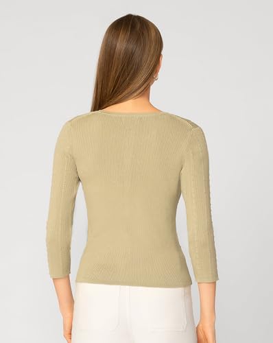 Image of Cable & Gauge 3 /4 Sleeve Cardigan for Women, Crew Neckline & Button Down Front, Stitch Detail